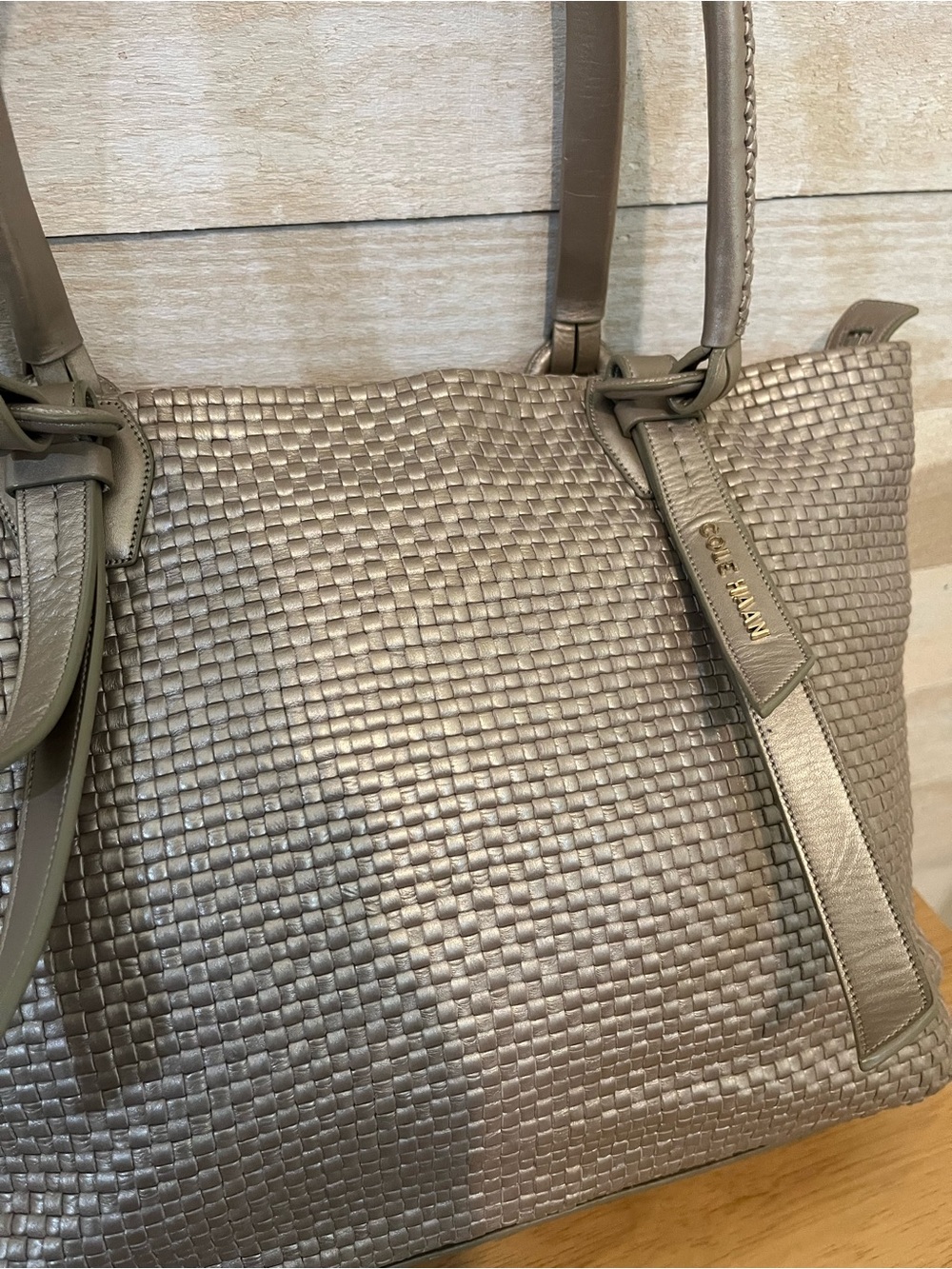 Cole Haan Metallic Woven Tote in Light Pewter - Picture 2 of 11